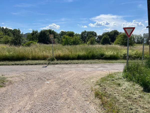 Incrocio sterrato. Segnale di precedenza e segnale turistico della ciclovia visibili. Vasto campo oltre l’incrocio